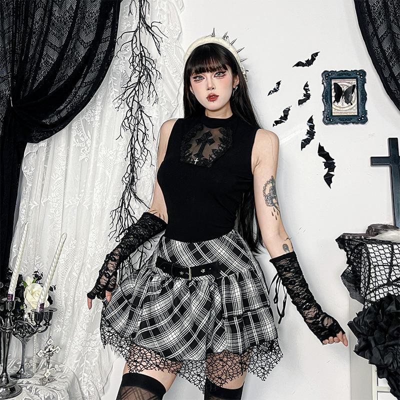 Plaid Buckled High-Rise Flared Mini Skirt