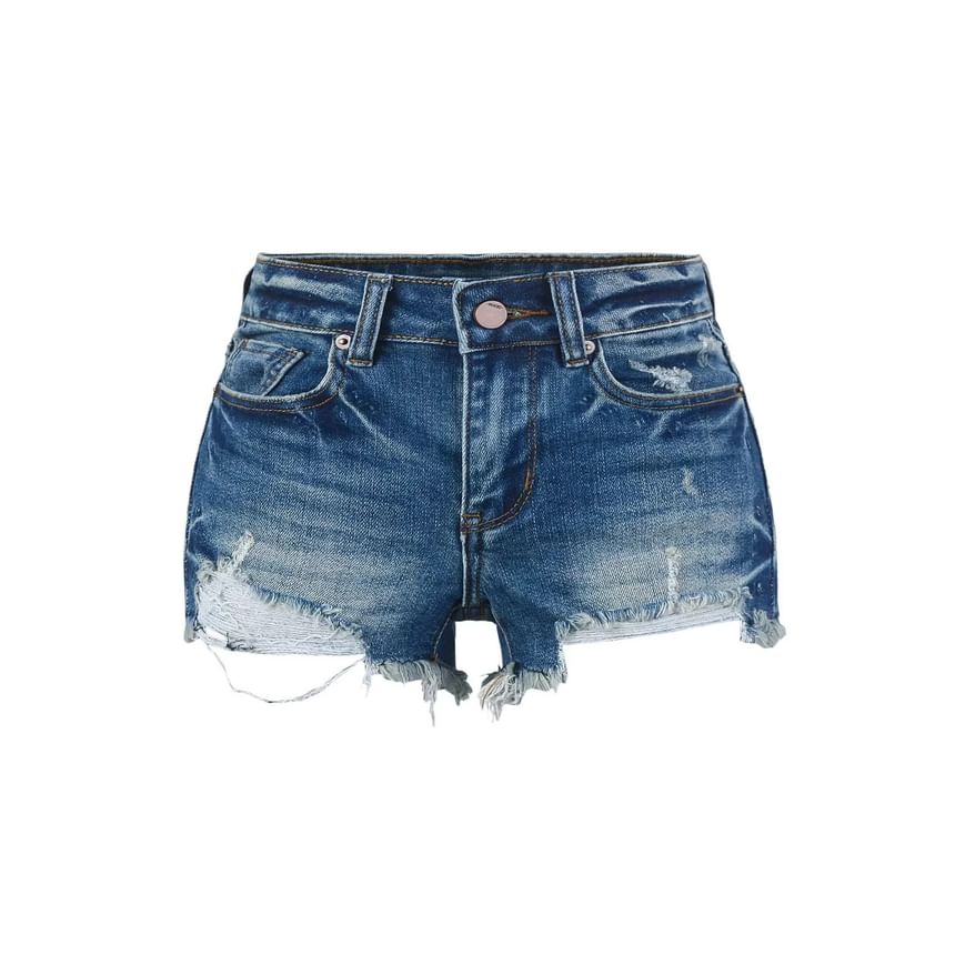 Low Rise Washed Frayed Distressed Denim Hot Pants