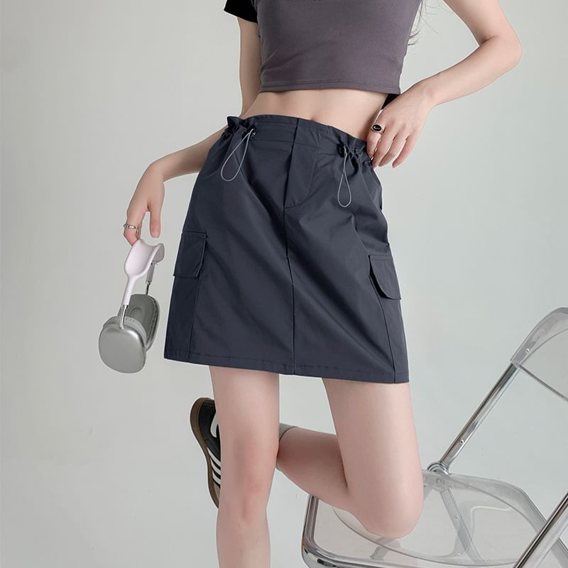 Drawstring High-Rise Plain Mini Skirt