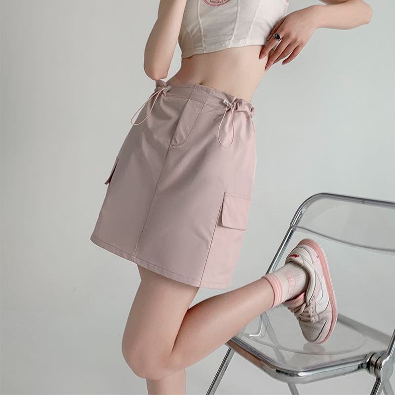 Drawstring High-Rise Plain Mini Skirt