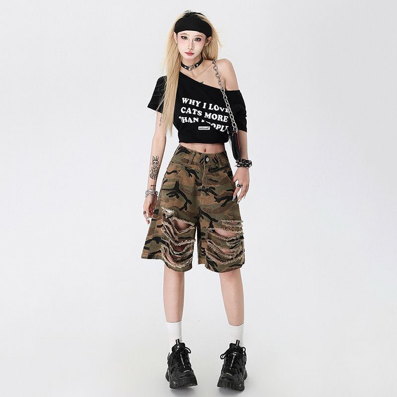 High Waist Camouflage Wide Leg Jorts