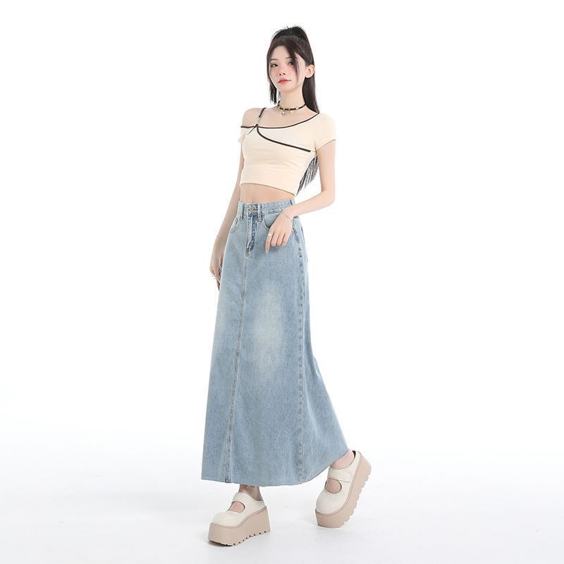 Washed Denim Maxi Flared Skirt