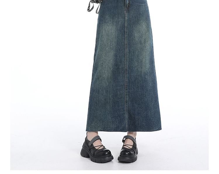 Washed Denim Maxi Flared Skirt