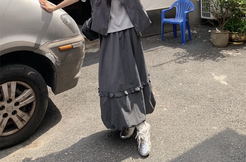 Crew Neck Tee with Zip Vest and Frill Balloon Skirt