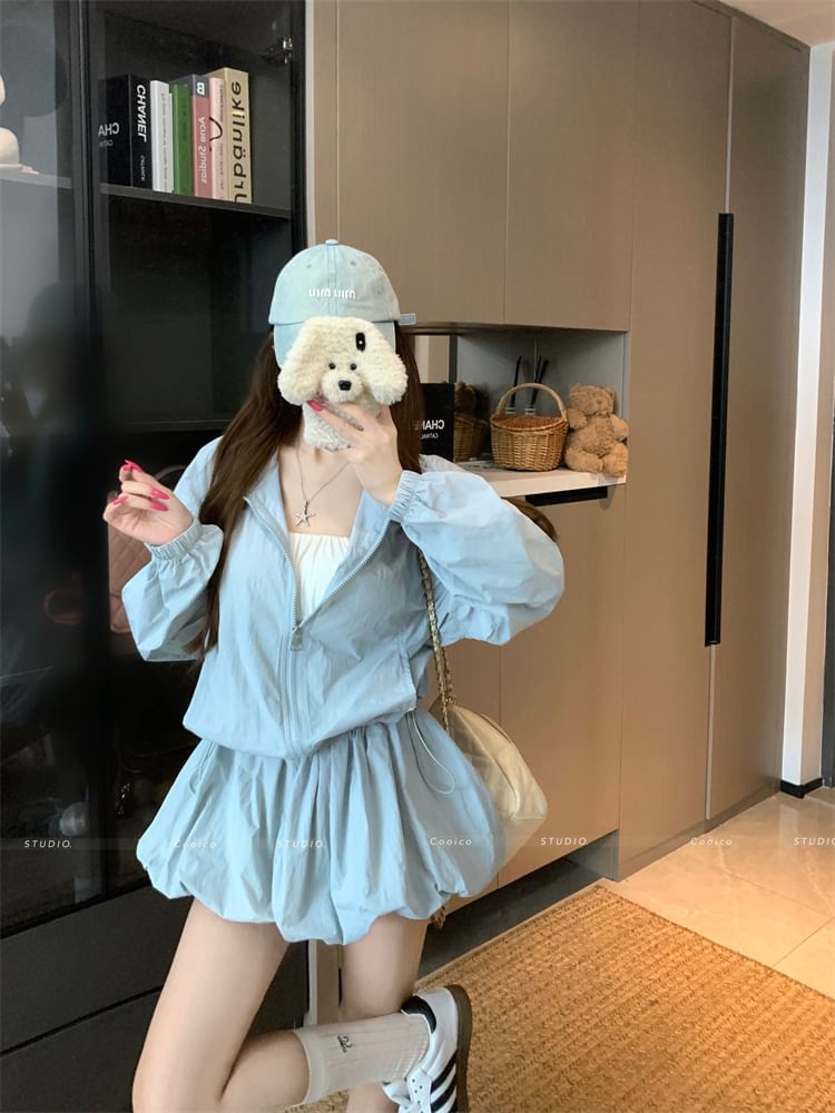 Stand Collar Jacket with Mini Balloon Skirt Set