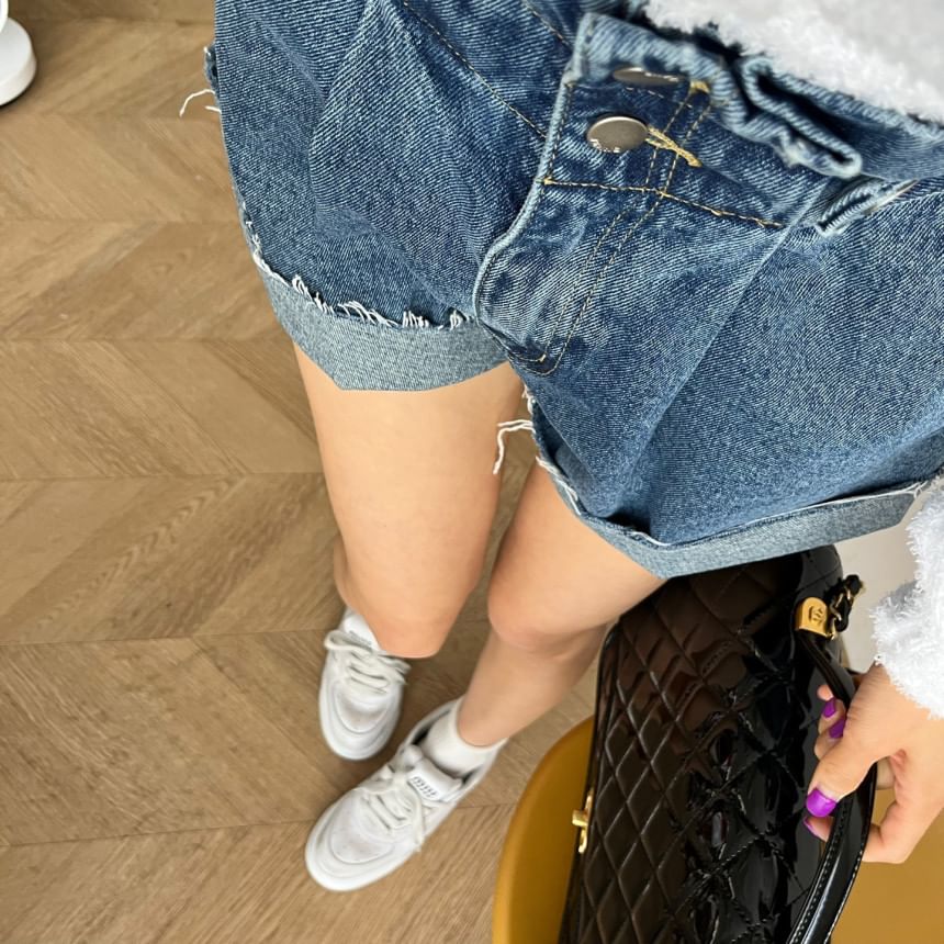 High Waist Frayed Denim Shorts