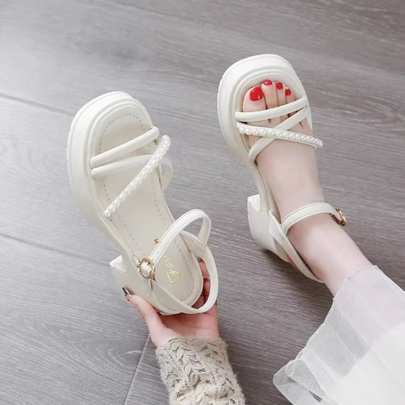 Faux Block Platform Pearl Sandals Heel