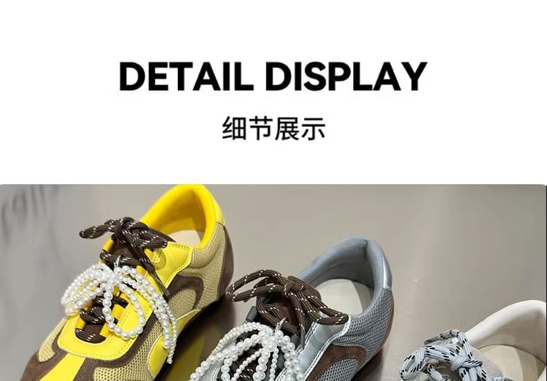 Panel Sneakers Mesh Beaded Bow Square Toe