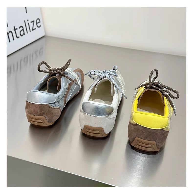 Panel Sneakers Mesh Beaded Bow Square Toe