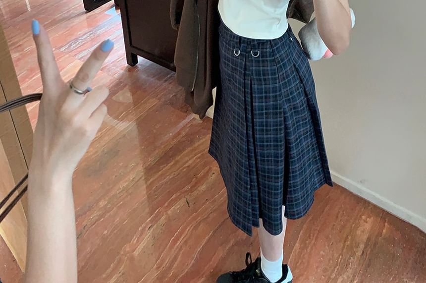 Plaid Midi A-Line Skirt with High Waist