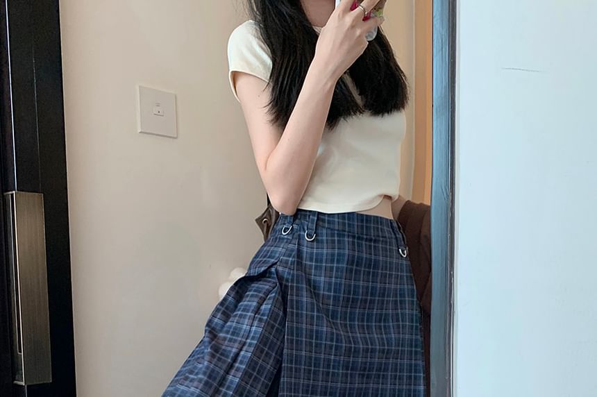 Plaid Midi A-Line Skirt with High Waist