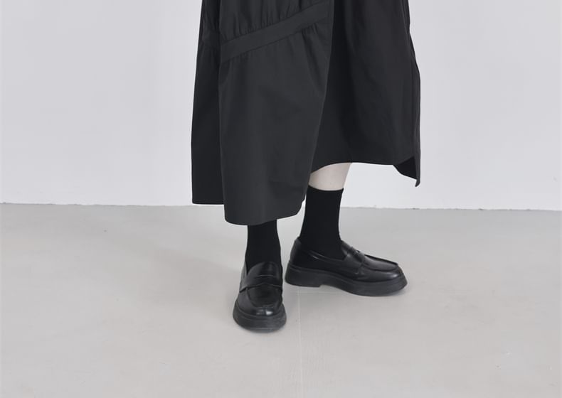 Gathered Midi A-Line Skirt with Drawstring and Plain Fabric
