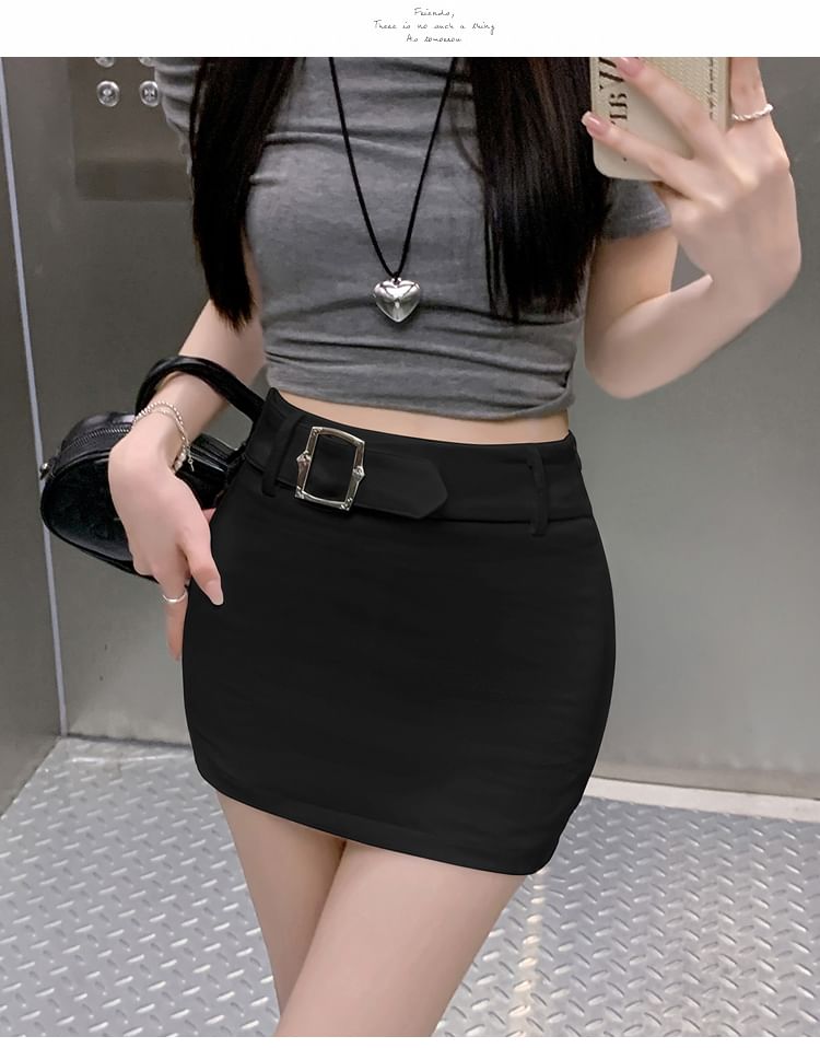 Plain Mini Pencil Skirt with Belt Waist