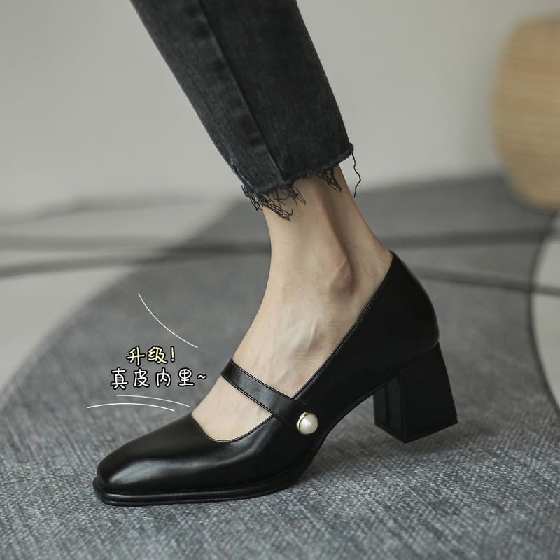 Heel Pumps Faux Pearl Chunky Jane Square Toe Mary