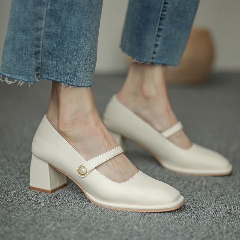 Heel Pumps Faux Pearl Chunky Jane Square Toe Mary