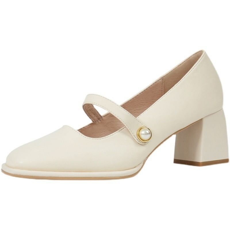 Heel Pumps Faux Pearl Chunky Jane Square Toe Mary