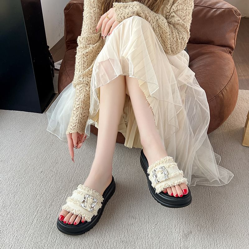 Sandals Slide Platform Trim Buckled Fringed Rhinestone