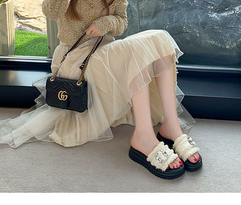 Sandals Slide Platform Trim Buckled Fringed Rhinestone