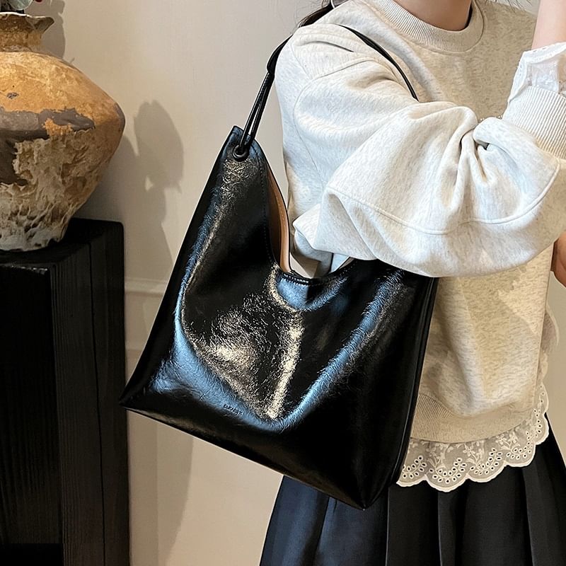 Faux Leather Plain Tote Bag