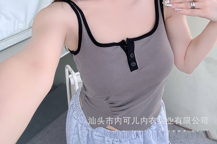 Square Neck Henley Plain Crop Tank Top