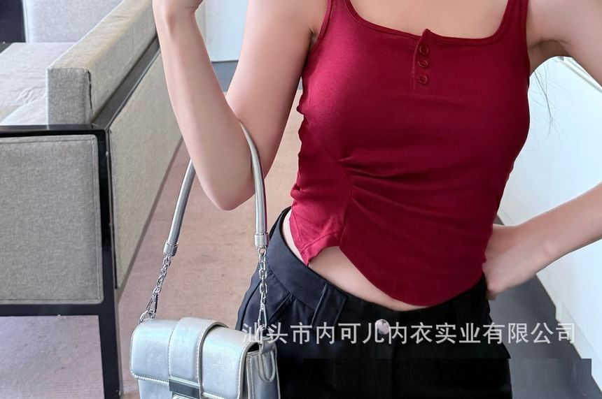 Square Neck Henley Plain Crop Tank Top