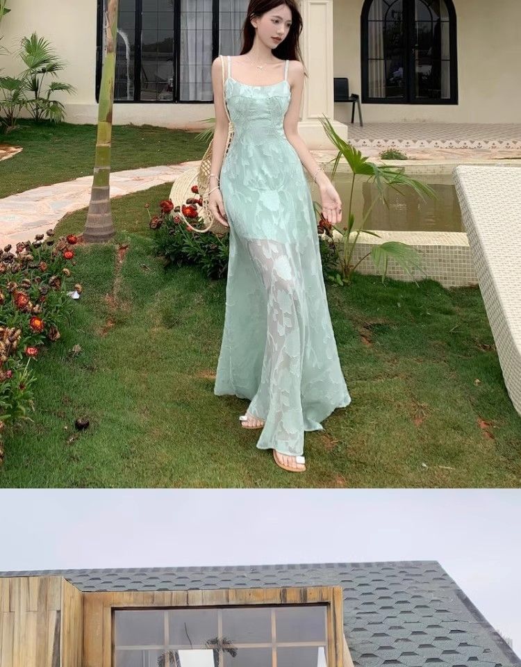 Lace Spaghetti Strap Scoop Neck A-Line Maxi Dress