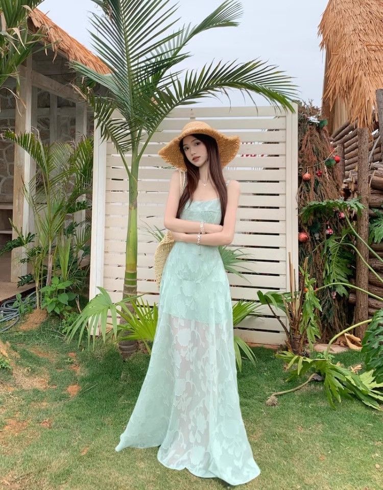 Lace Spaghetti Strap Scoop Neck A-Line Maxi Dress