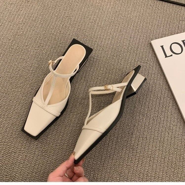 T-Strap Mules Toe Chunky Heel Square