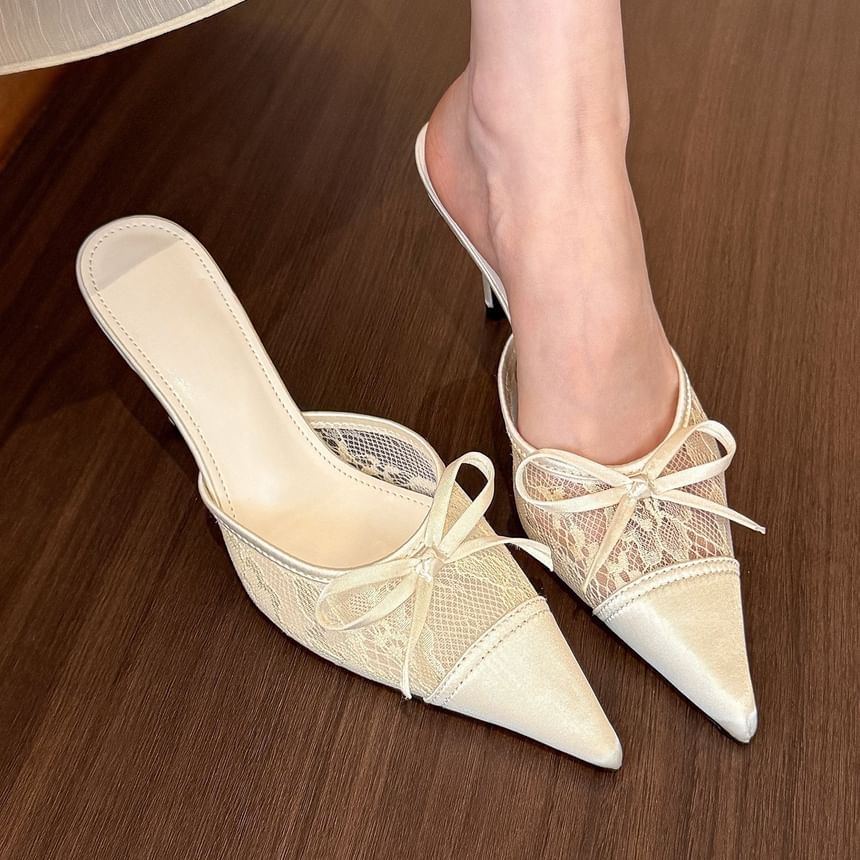Stiletto Pointed Panel Toe Lace Bow Mules Heel