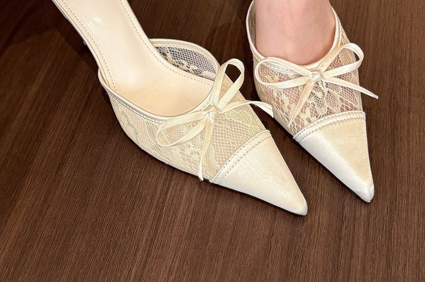 Stiletto Pointed Panel Toe Lace Bow Mules Heel