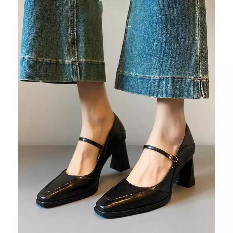 Jane Heel Faux Leather Chunky Mary Shoes