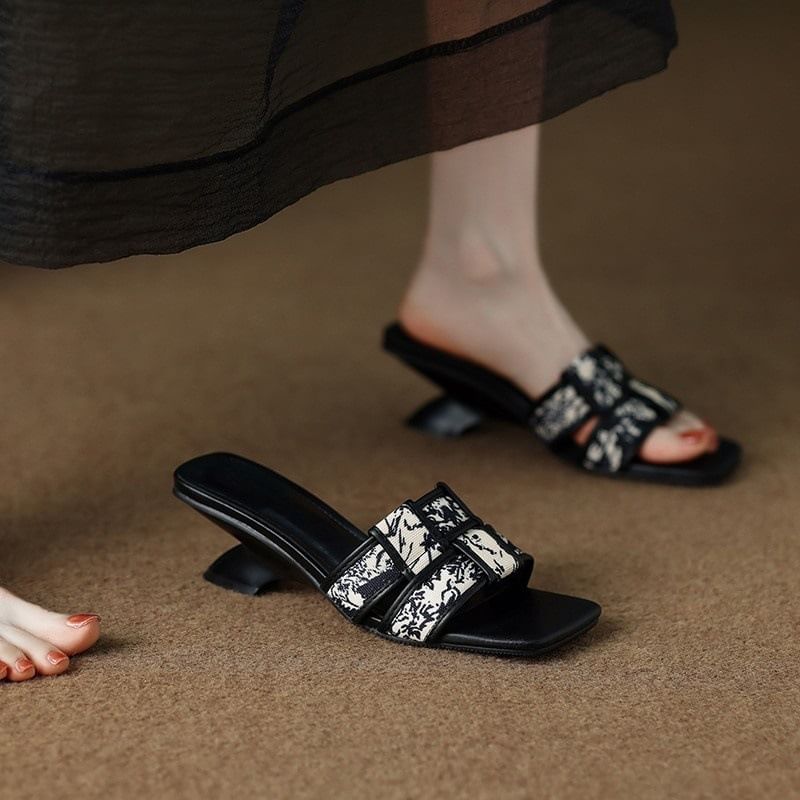 Slide Sandals Heel Print Woven Wedge