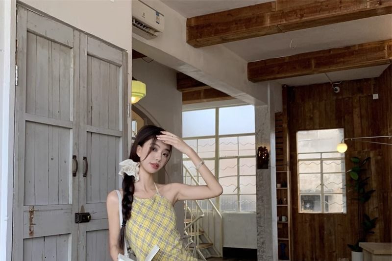 Plaid Halter Neck A-Line Maxi Dress