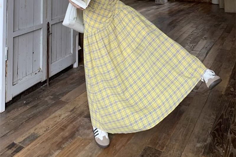 Plaid Halter Neck A-Line Maxi Dress