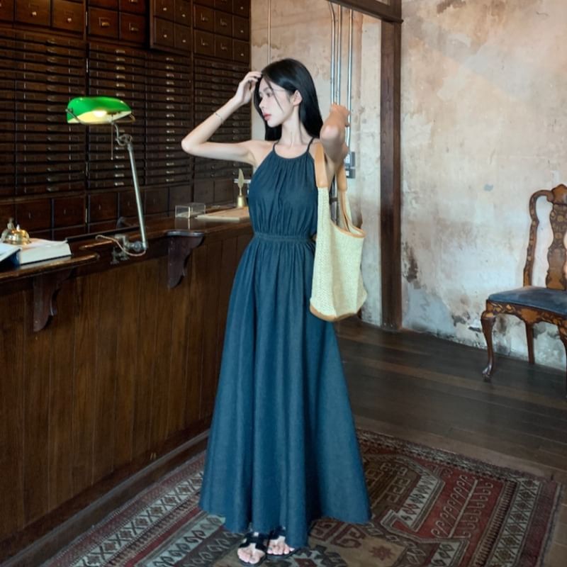 Open Back Spaghetti Strap Plain Maxi A-Line Dress