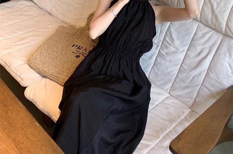 Open Back Spaghetti Strap Plain Maxi A-Line Dress