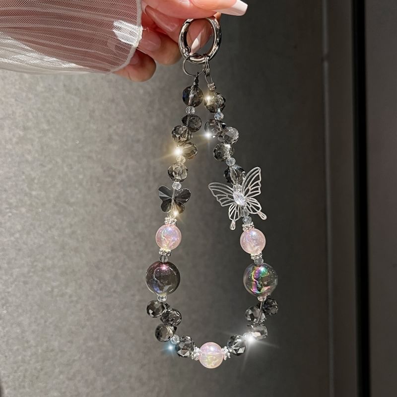 Faux Crystal Beaded Wrist Strap Phone Butterfly