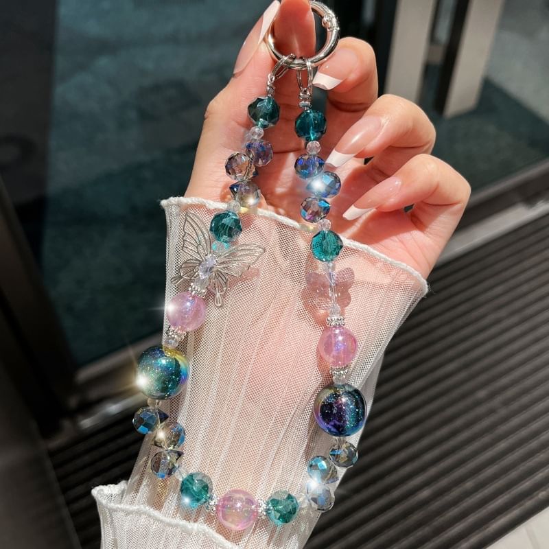 Faux Crystal Beaded Wrist Strap Phone Butterfly