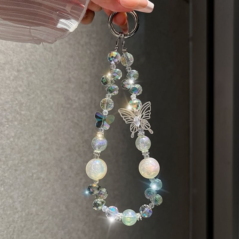 Faux Crystal Beaded Wrist Strap Phone Butterfly