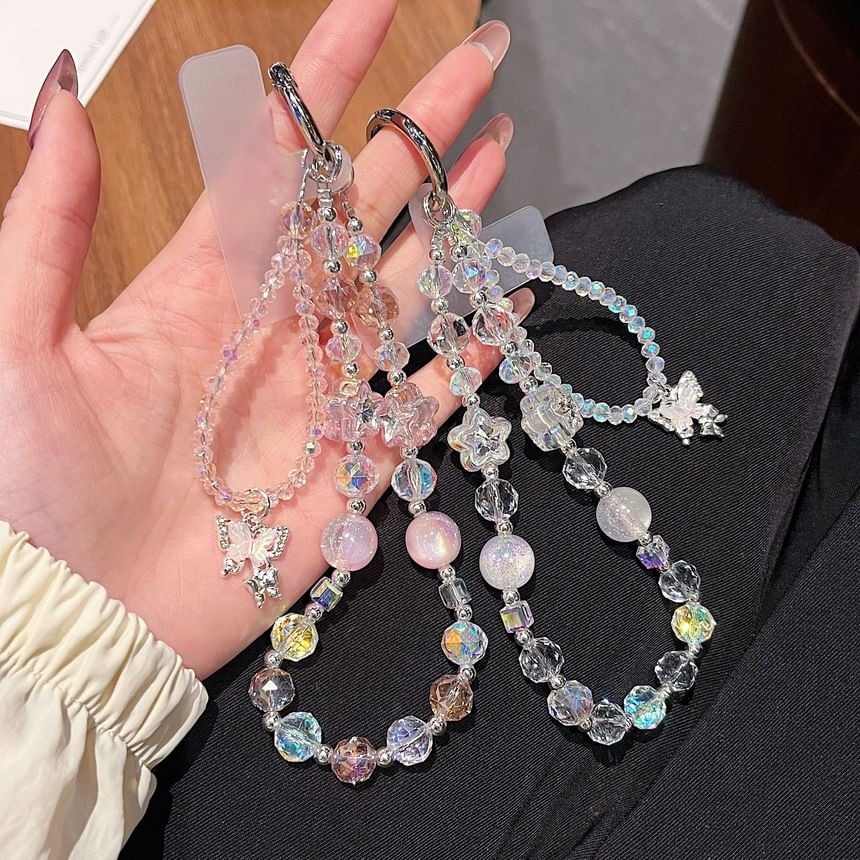 Faux Beaded Phone Strap Crystal Lanyard Butterfly Pad Wrist with