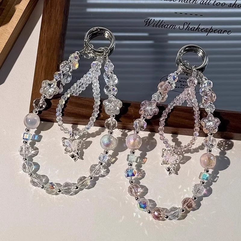 Faux Beaded Phone Strap Crystal Lanyard Butterfly Pad Wrist with