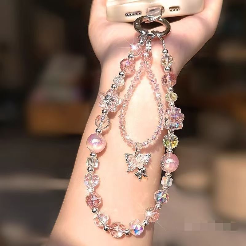 Faux Beaded Phone Strap Crystal Lanyard Butterfly Pad Wrist with