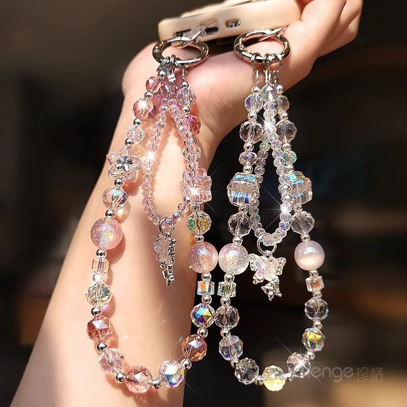 Faux Beaded Phone Strap Crystal Lanyard Butterfly Pad Wrist with