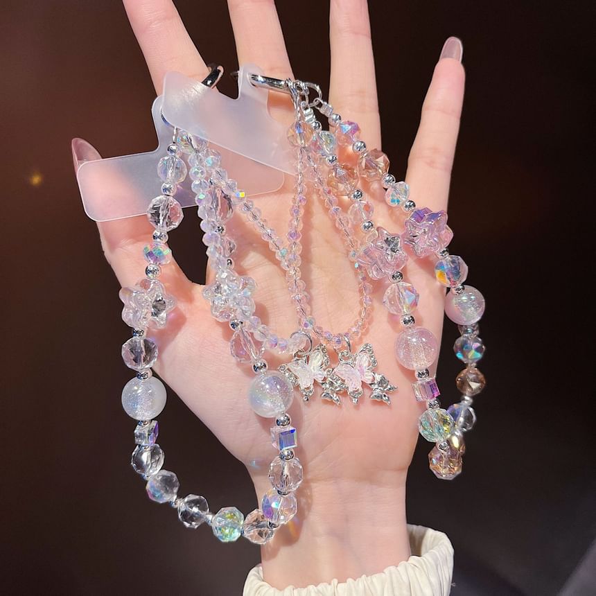 Faux Beaded Phone Strap Crystal Lanyard Butterfly Pad Wrist with