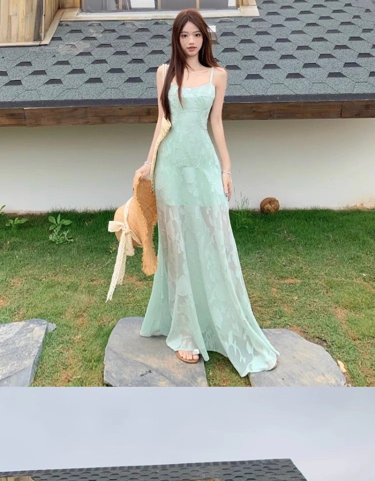 Jacquard Spaghetti Strap A-Line Maxi Dress
