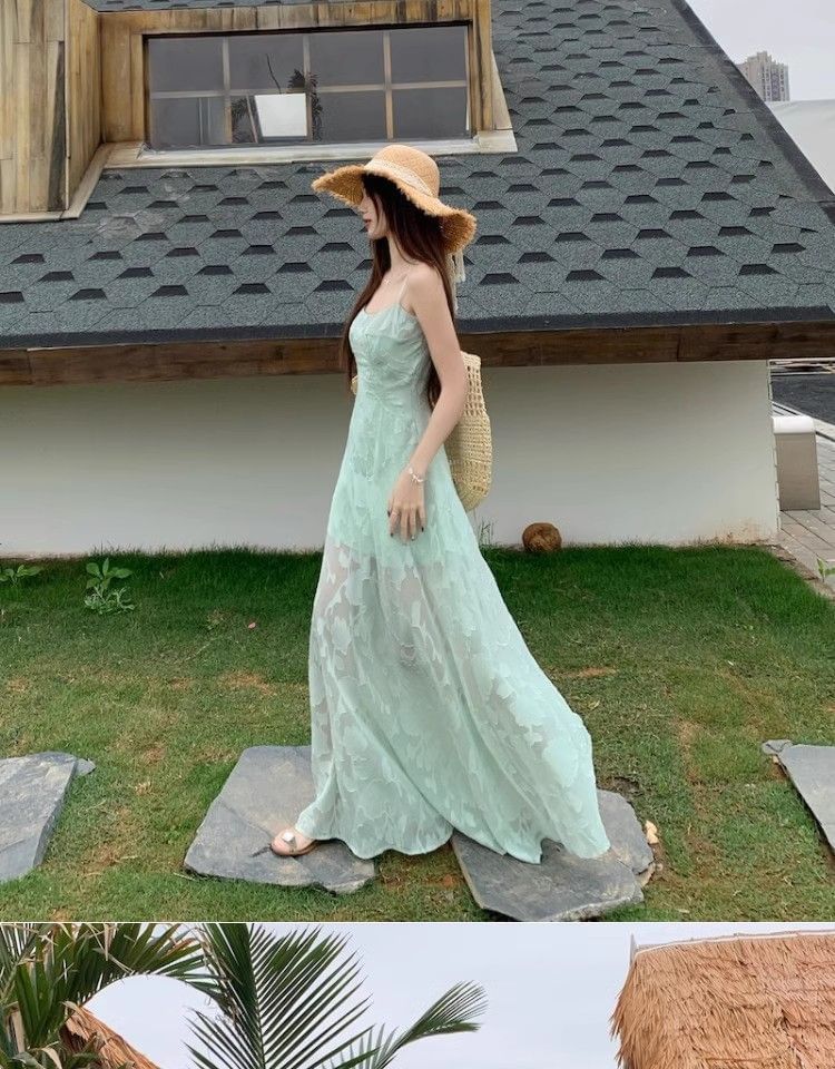 Jacquard Spaghetti Strap A-Line Maxi Dress