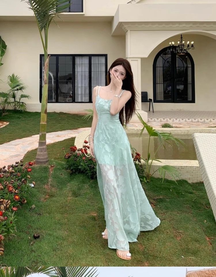 Jacquard Spaghetti Strap A-Line Maxi Dress