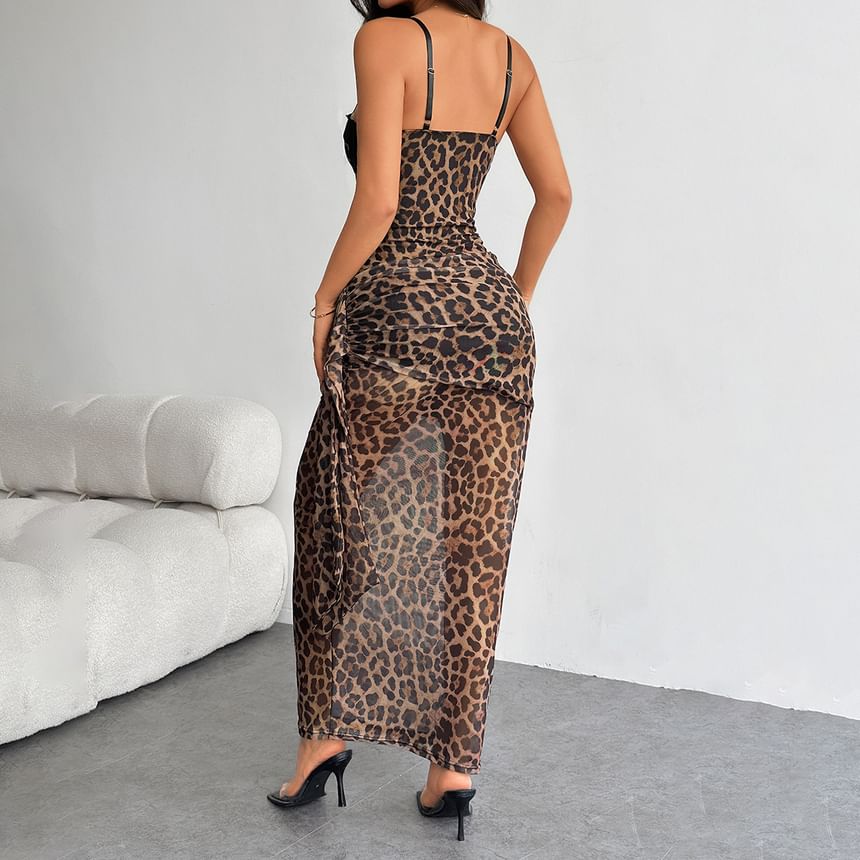 Leopard Print Spaghetti Strap Mermaid Maxi Dress