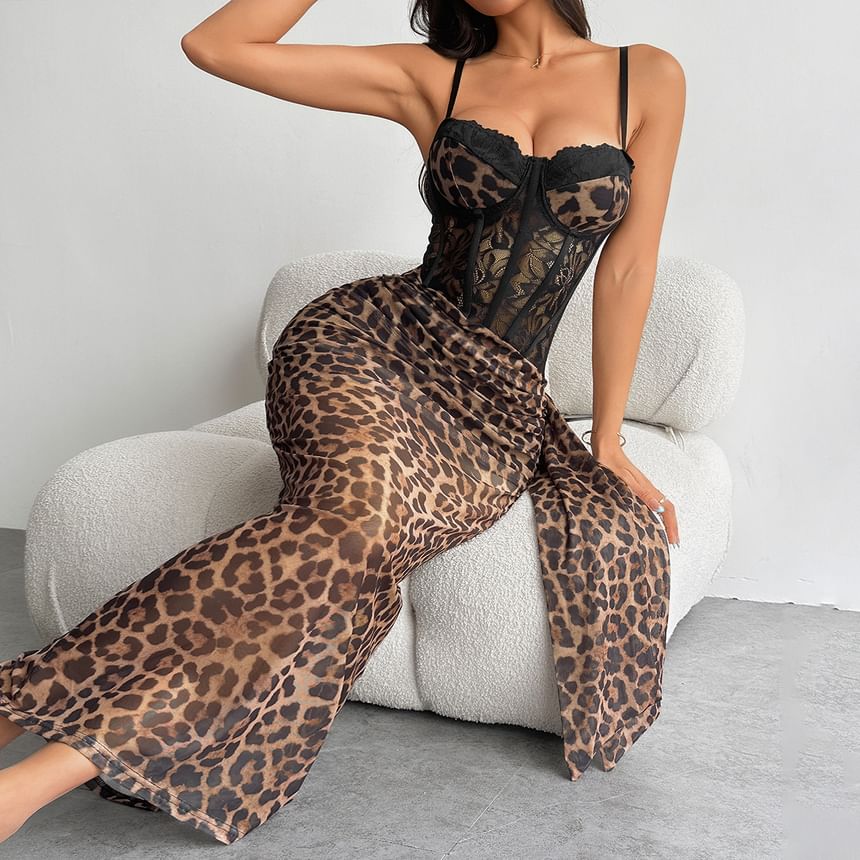 Leopard Print Spaghetti Strap Mermaid Maxi Dress