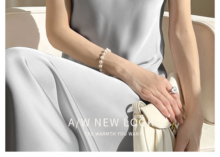 A-Line Satin V-Neck Dress Midi Plain Spaghetti Strap